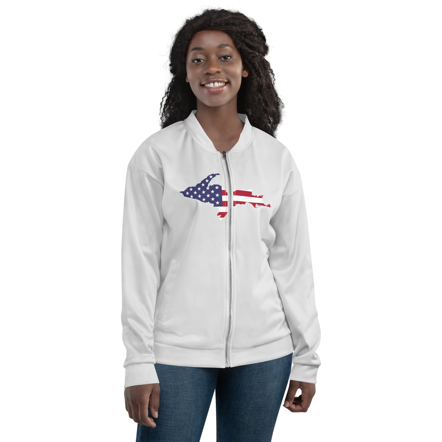 Michigan Upper Peninsula Bomber Jacket (w/ Large UP USA Flag Outline) | Birch Bark White