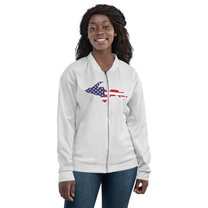 Michigan Upper Peninsula Bomber Jacket (w/ Large UP USA Flag Outline) | Birch Bark White