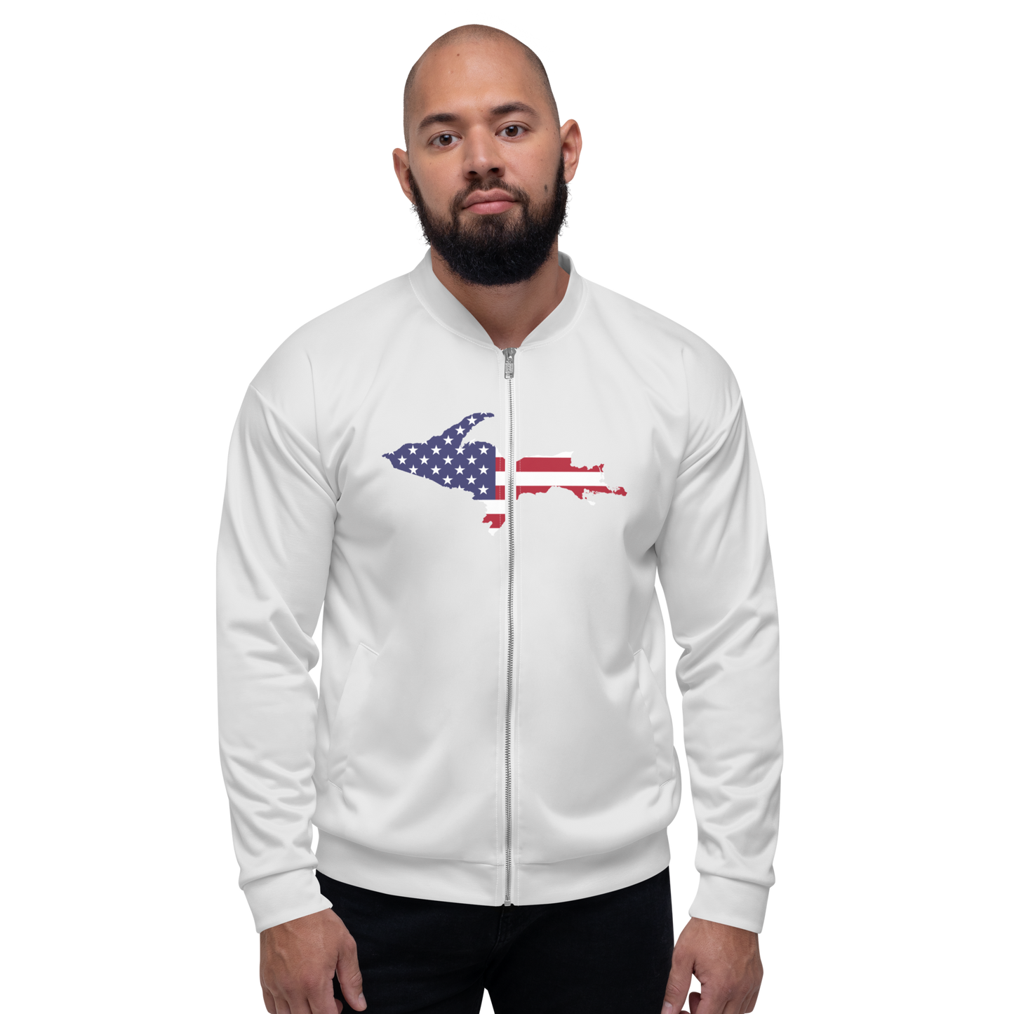 Michigan Upper Peninsula Bomber Jacket (w/ Large UP USA Flag Outline) | Birch Bark White