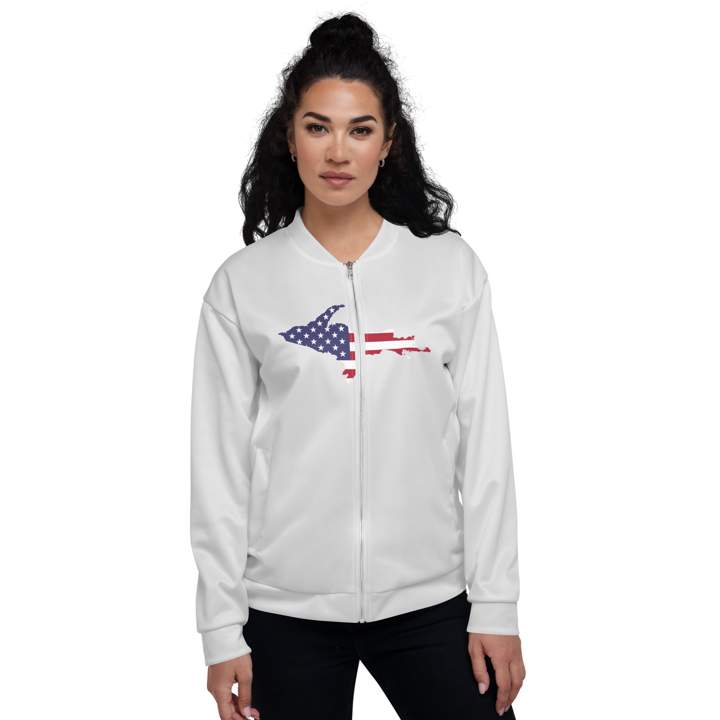 Michigan Upper Peninsula Bomber Jacket (w/ Large UP USA Flag Outline) | Birch Bark White