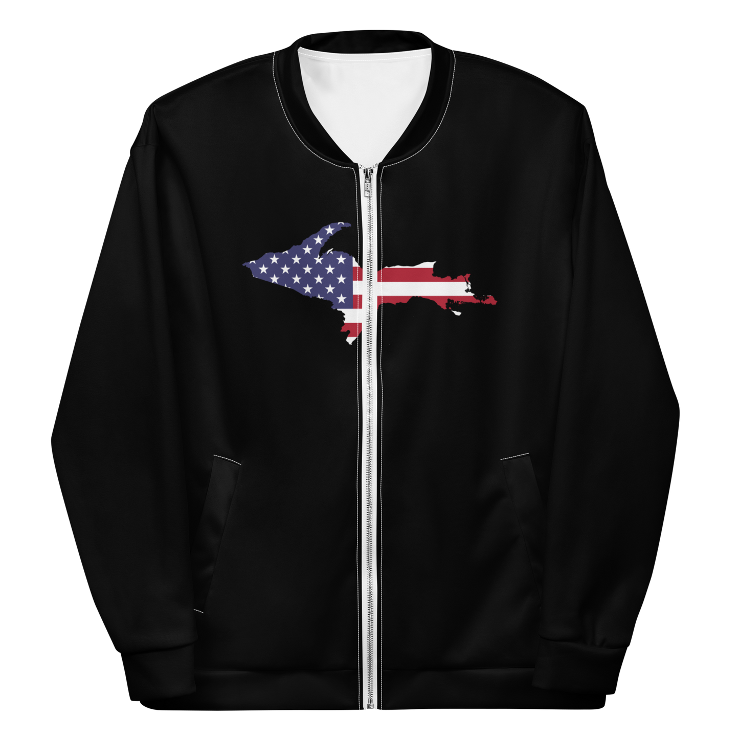 Michigan Upper Peninsula Bomber Jacket (w/ Large UP USA Flag Outline) | Black