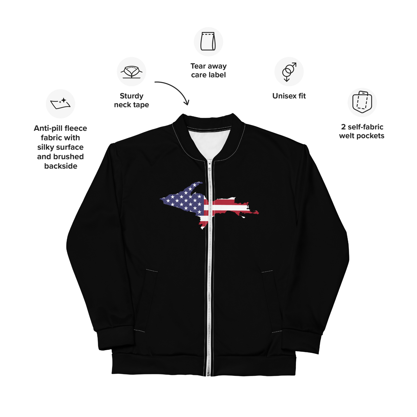 Michigan Upper Peninsula Bomber Jacket (w/ Large UP USA Flag Outline) | Black