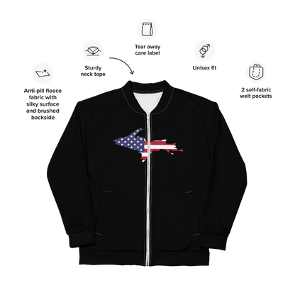 Michigan Upper Peninsula Bomber Jacket (w/ Large UP USA Flag Outline) | Black