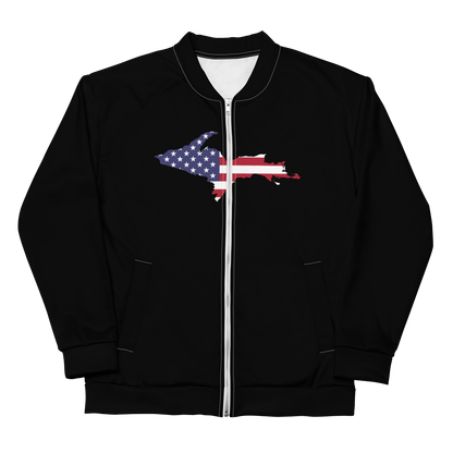 Michigan Upper Peninsula Bomber Jacket (w/ Large UP USA Flag Outline) | Black