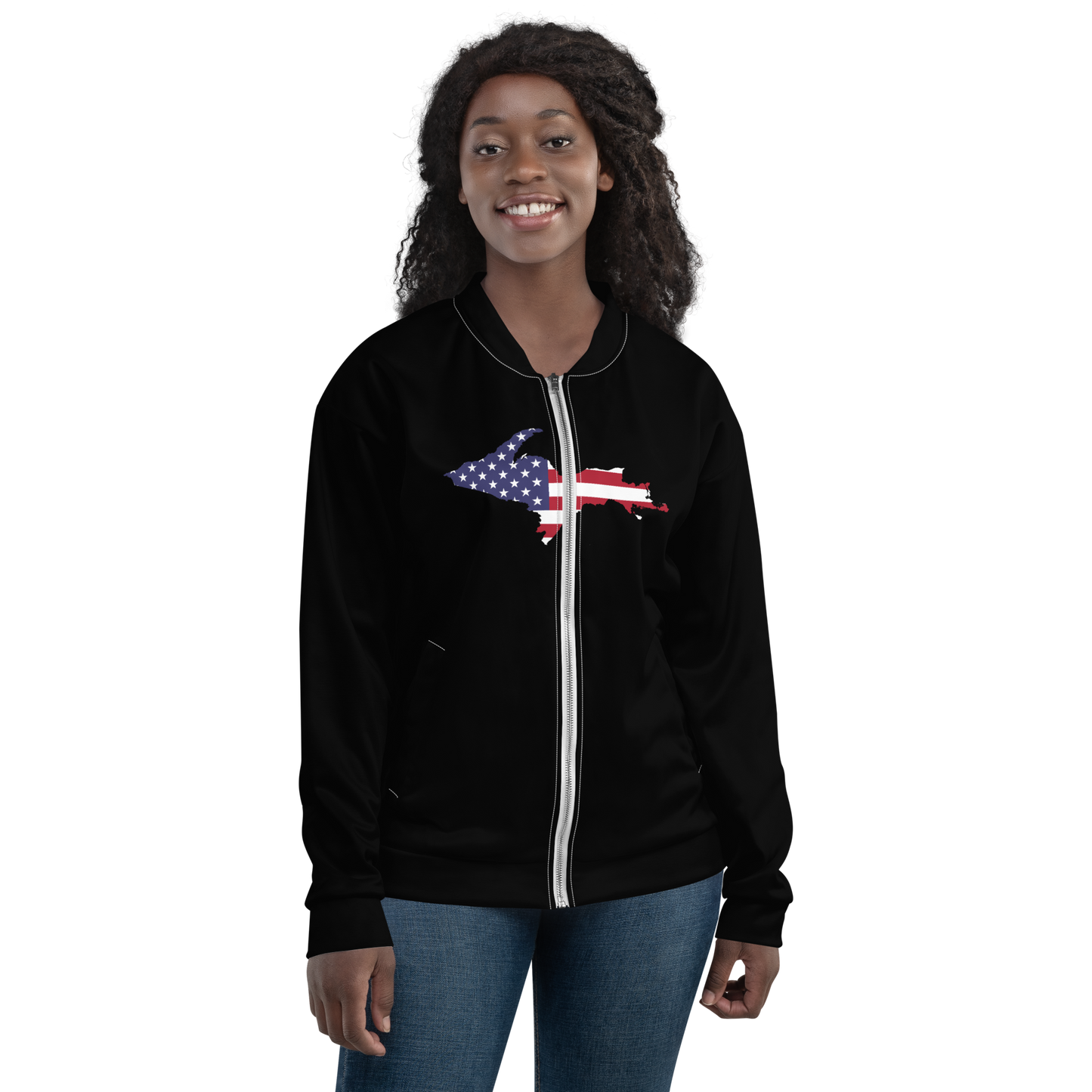 Michigan Upper Peninsula Bomber Jacket (w/ Large UP USA Flag Outline) | Black