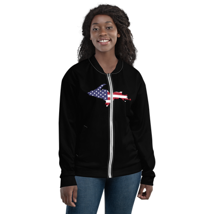 Michigan Upper Peninsula Bomber Jacket (w/ Large UP USA Flag Outline) | Black