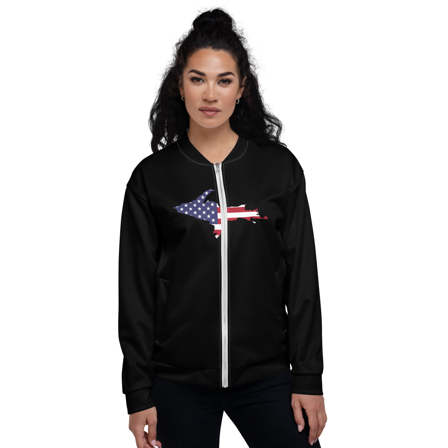 Michigan Upper Peninsula Bomber Jacket (w/ Large UP USA Flag Outline) | Black