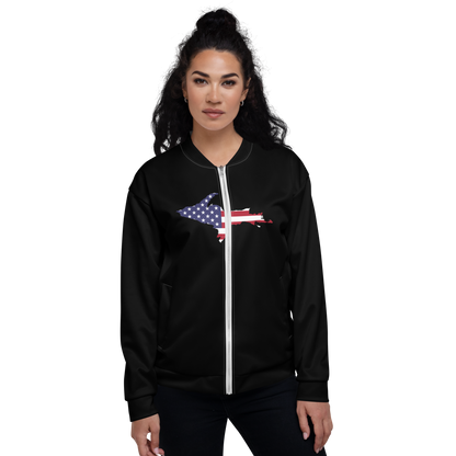 Michigan Upper Peninsula Bomber Jacket (w/ Large UP USA Flag Outline) | Black