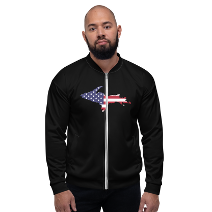 Michigan Upper Peninsula Bomber Jacket (w/ Large UP USA Flag Outline) | Black