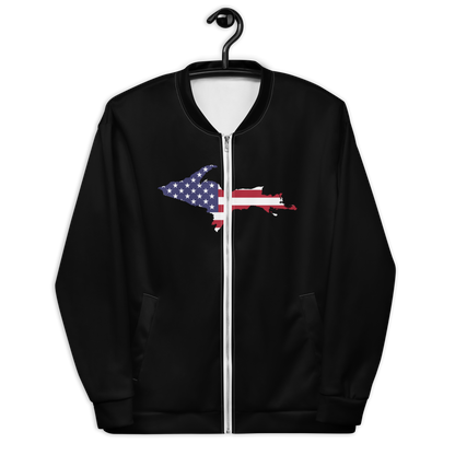 Michigan Upper Peninsula Bomber Jacket (w/ Large UP USA Flag Outline) | Black