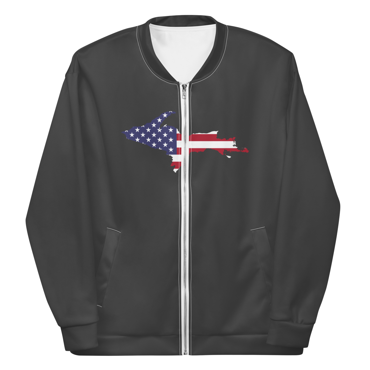 Michigan Upper Peninsula Bomber Jacket (w/ Large UP USA Flag Outline) | Iron Ore Grey