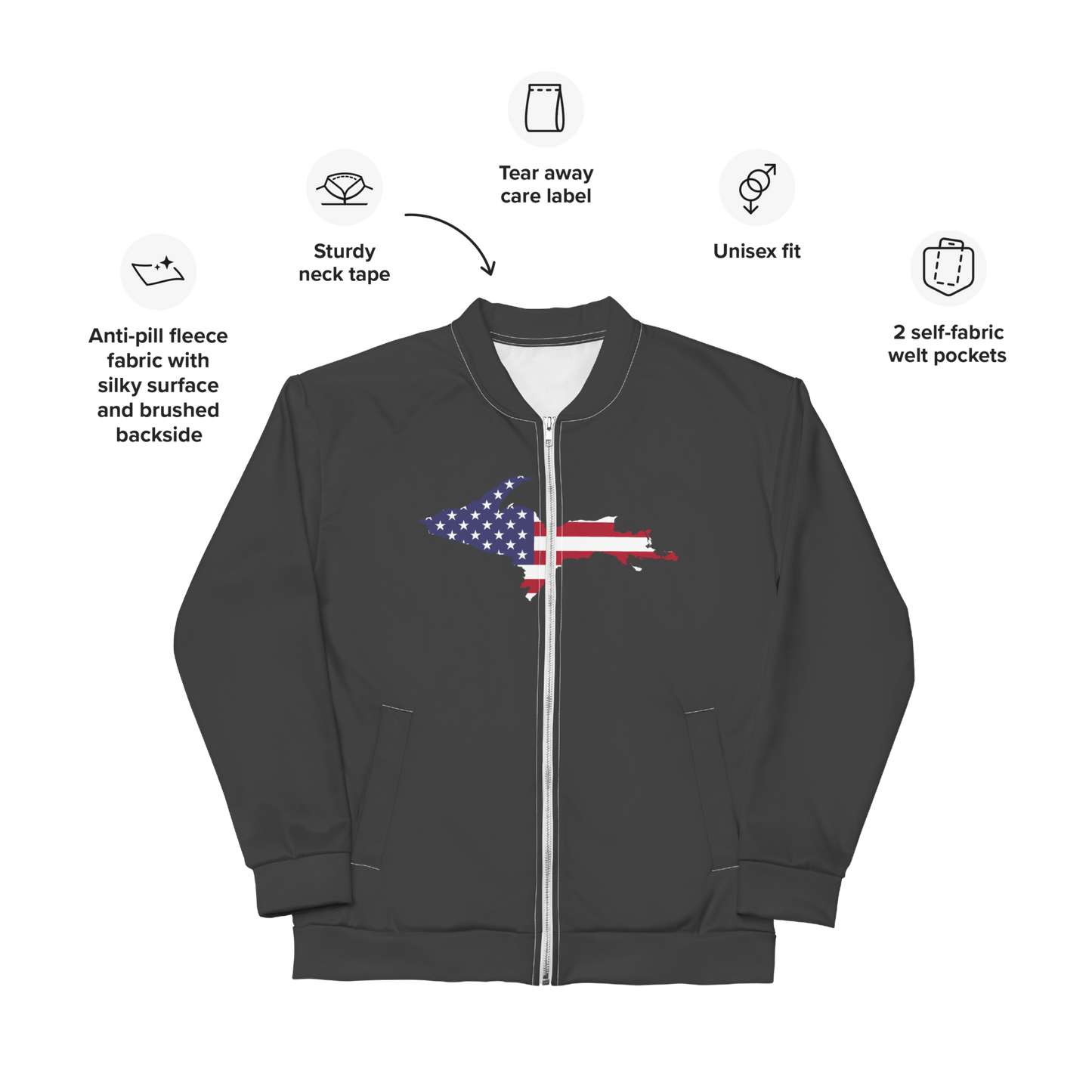 Michigan Upper Peninsula Bomber Jacket (w/ Large UP USA Flag Outline) | Iron Ore Grey