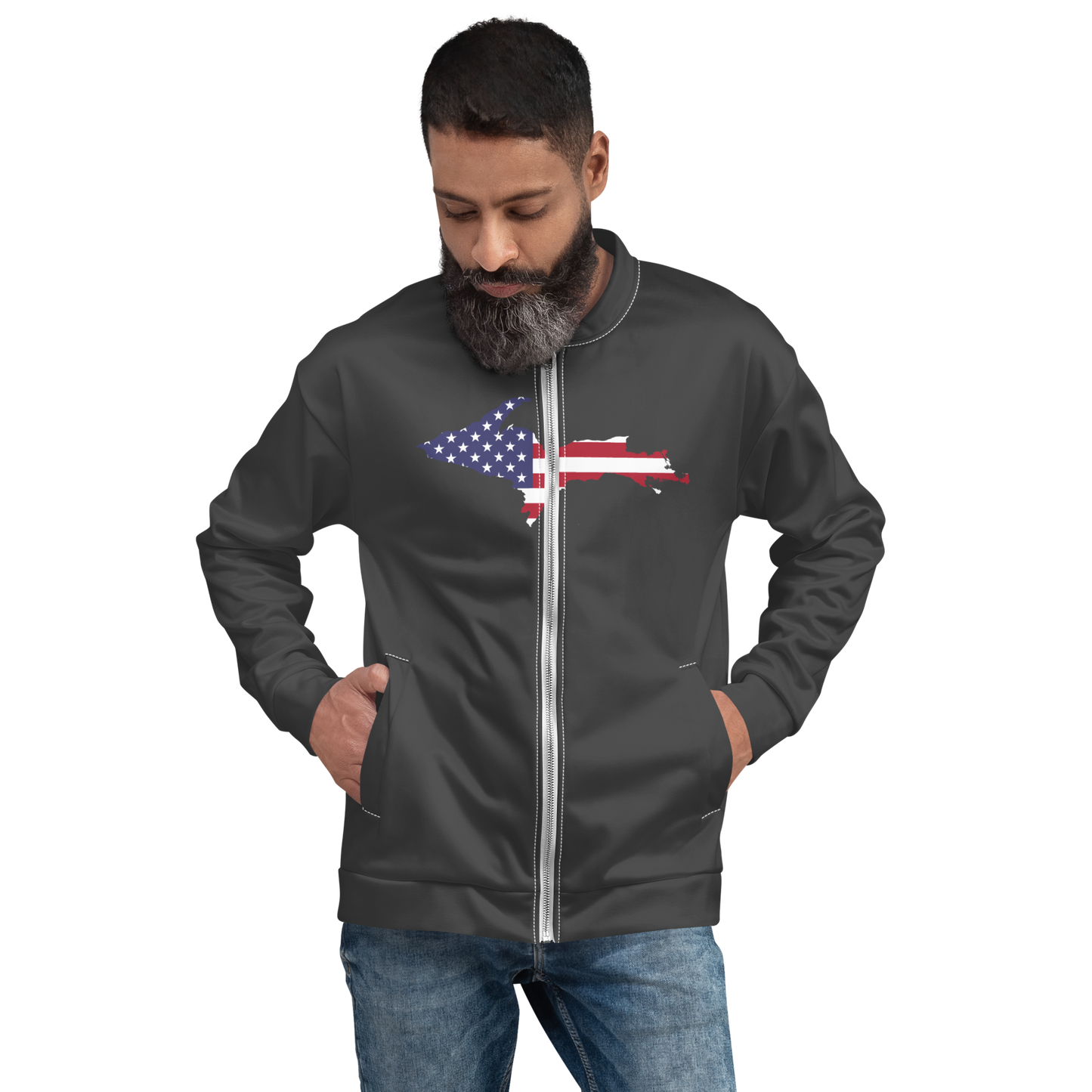 Michigan Upper Peninsula Bomber Jacket (w/ Large UP USA Flag Outline) | Iron Ore Grey