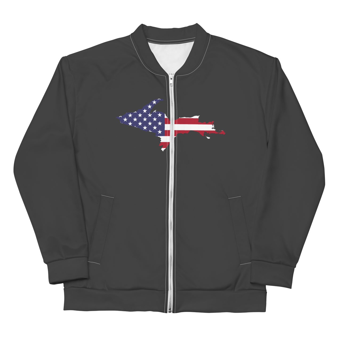 Michigan Upper Peninsula Bomber Jacket (w/ Large UP USA Flag Outline) | Iron Ore Grey