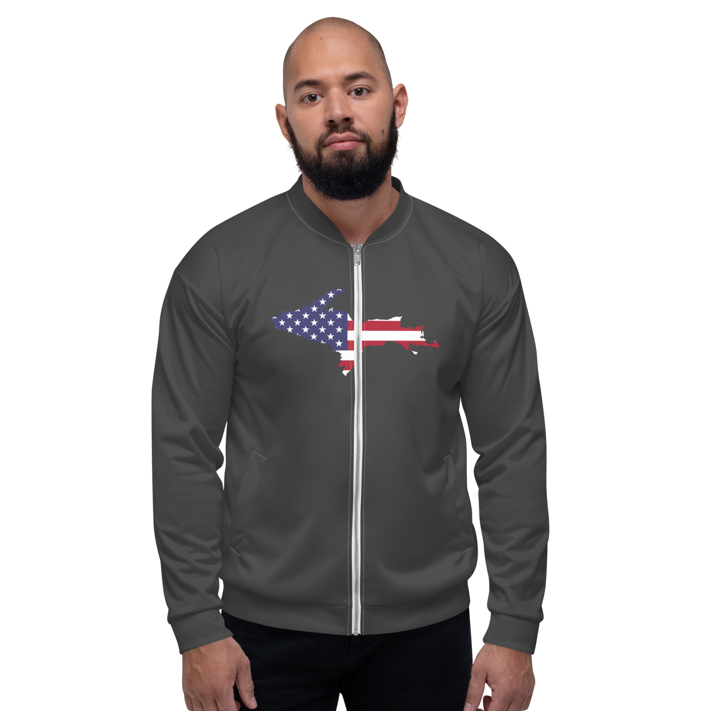 Michigan Upper Peninsula Bomber Jacket (w/ Large UP USA Flag Outline) | Iron Ore Grey