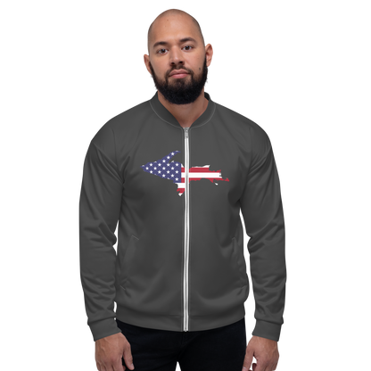 Michigan Upper Peninsula Bomber Jacket (w/ Large UP USA Flag Outline) | Iron Ore Grey