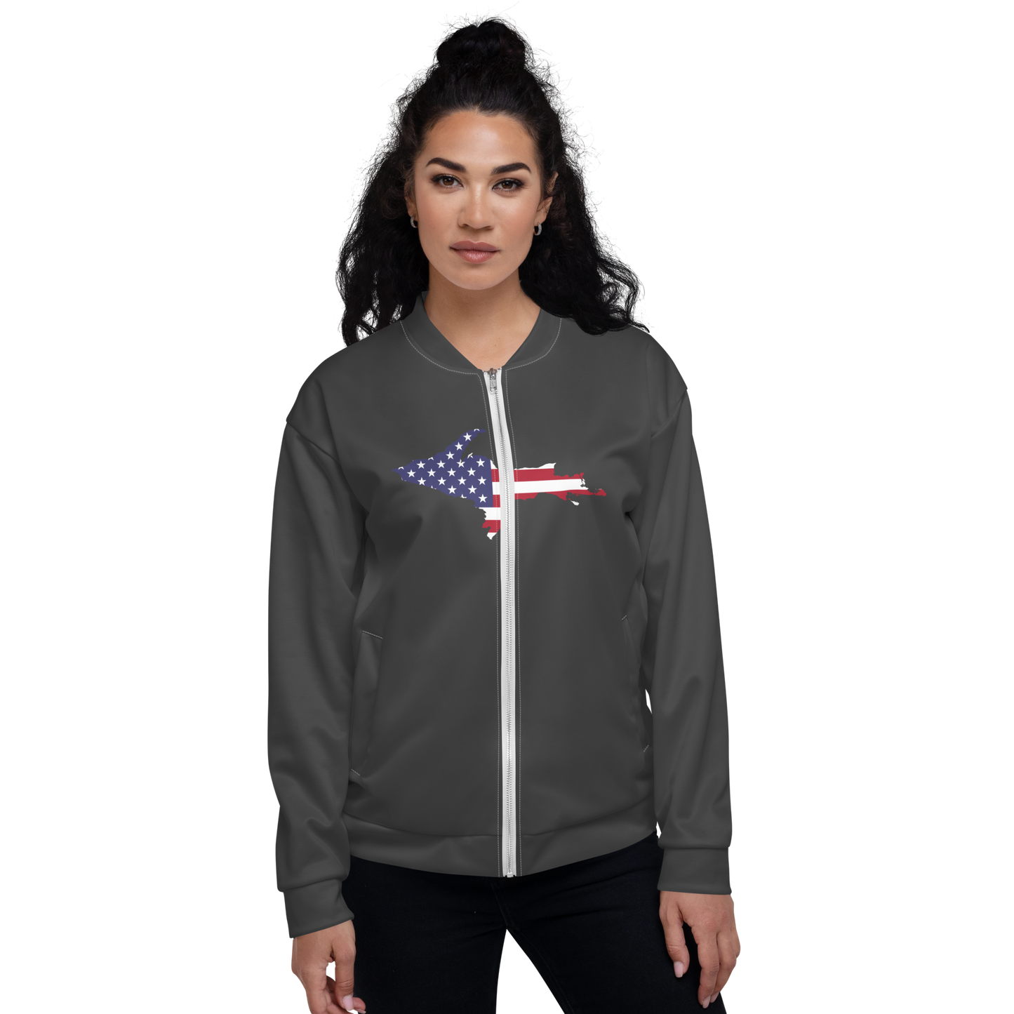 Michigan Upper Peninsula Bomber Jacket (w/ Large UP USA Flag Outline) | Iron Ore Grey