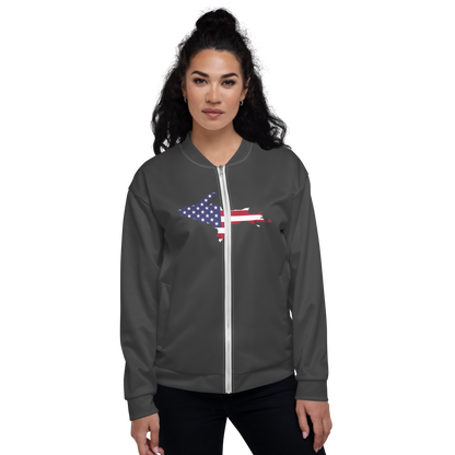 Michigan Upper Peninsula Bomber Jacket (w/ Large UP USA Flag Outline) | Iron Ore Grey