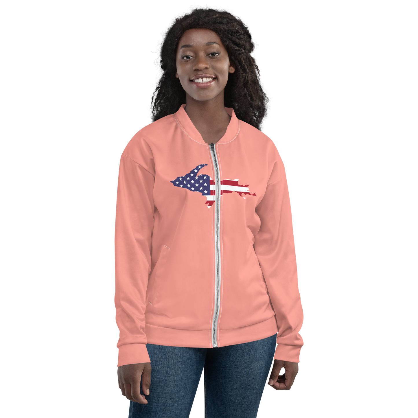 Michigan Upper Peninsula Bomber Jacket (w/ Large UP USA Flag Outline) | Champagne Pink