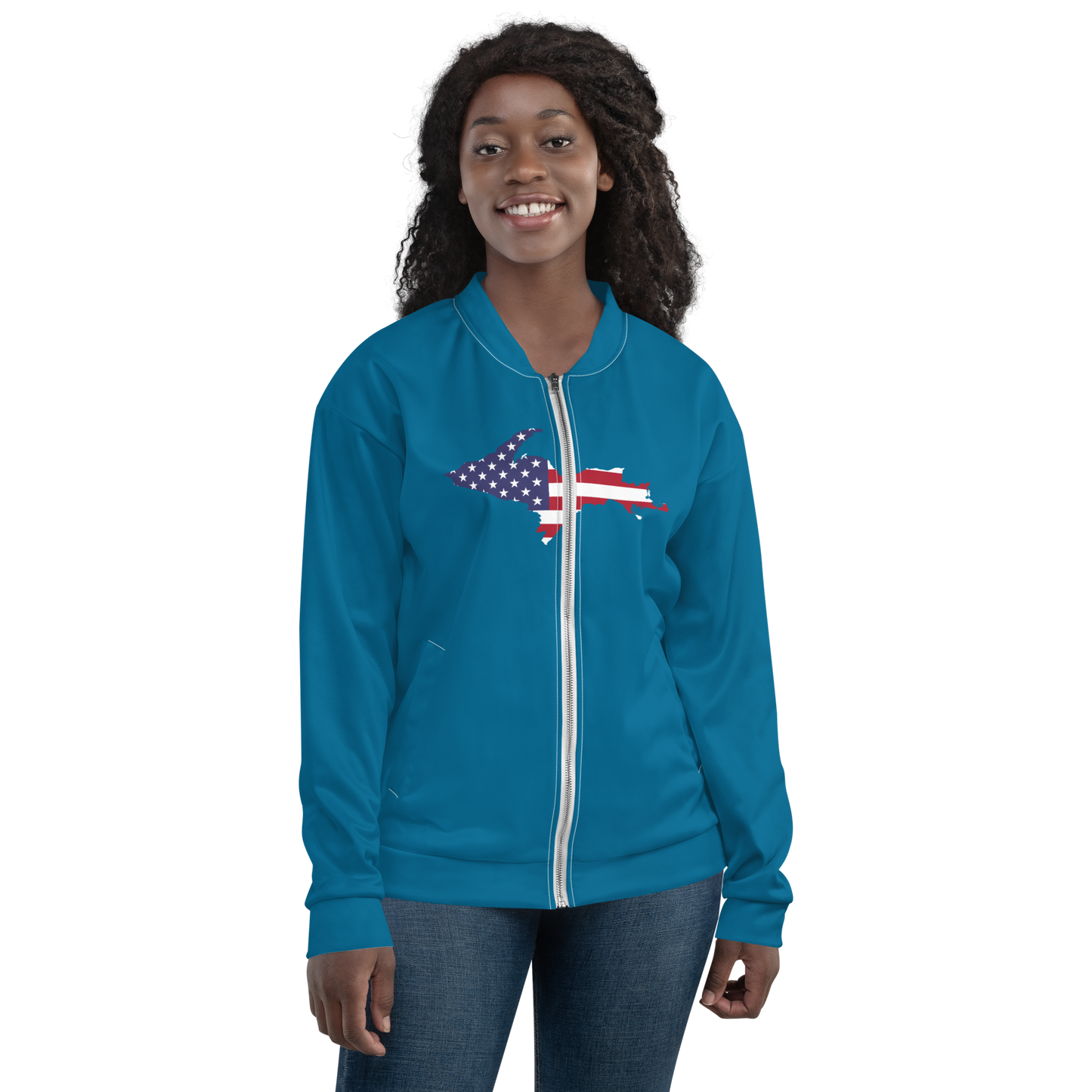 Michigan Upper Peninsula Bomber Jacket (w/ Large UP USA Flag Outline) | Cerulean