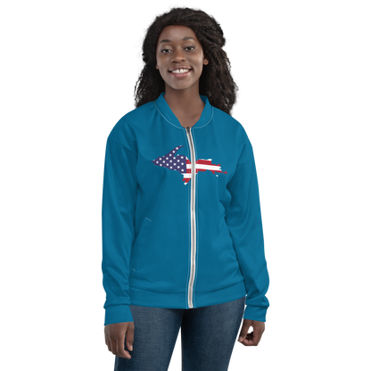 Michigan Upper Peninsula Bomber Jacket (w/ Large UP USA Flag Outline) | Cerulean