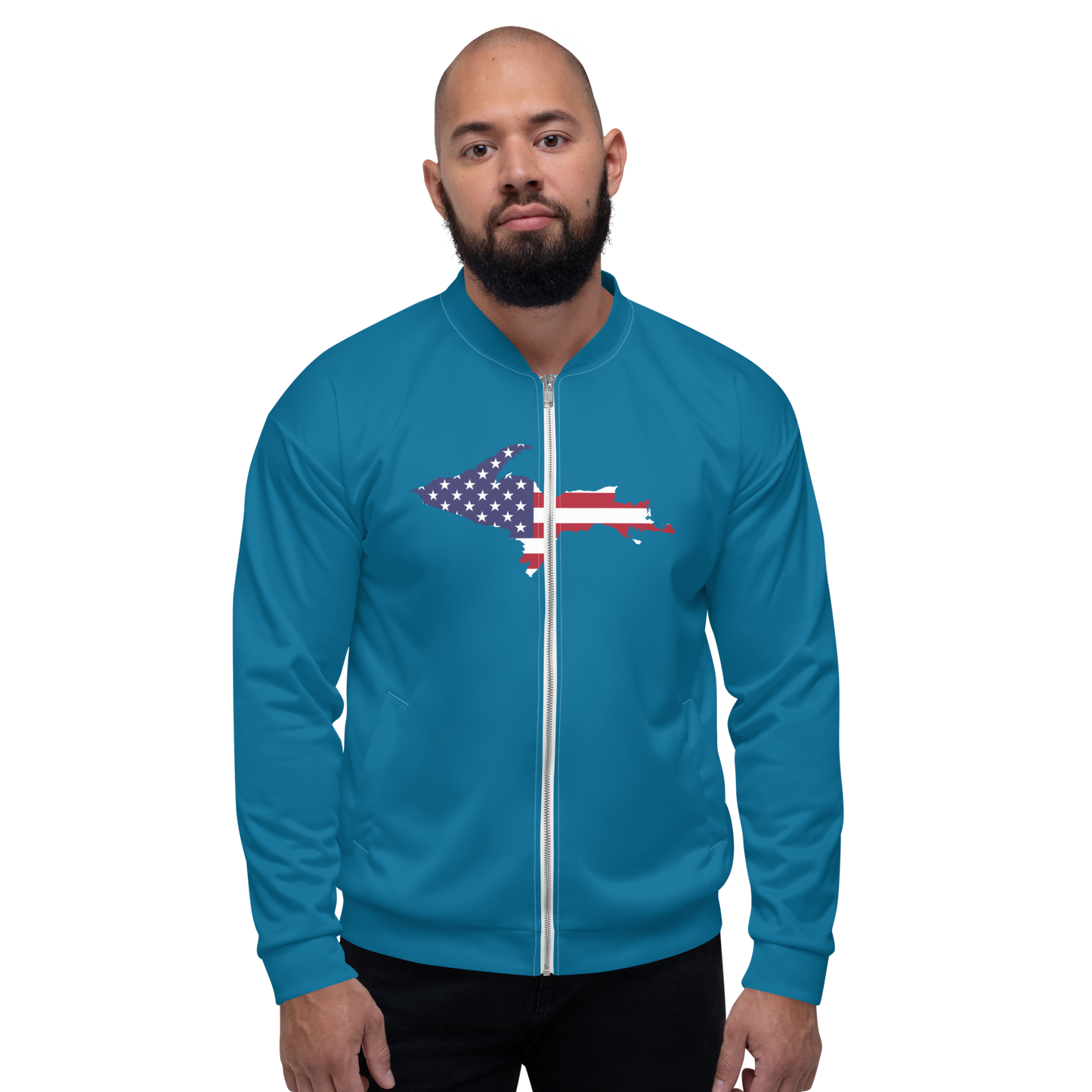 Michigan Upper Peninsula Bomber Jacket (w/ Large UP USA Flag Outline) | Cerulean