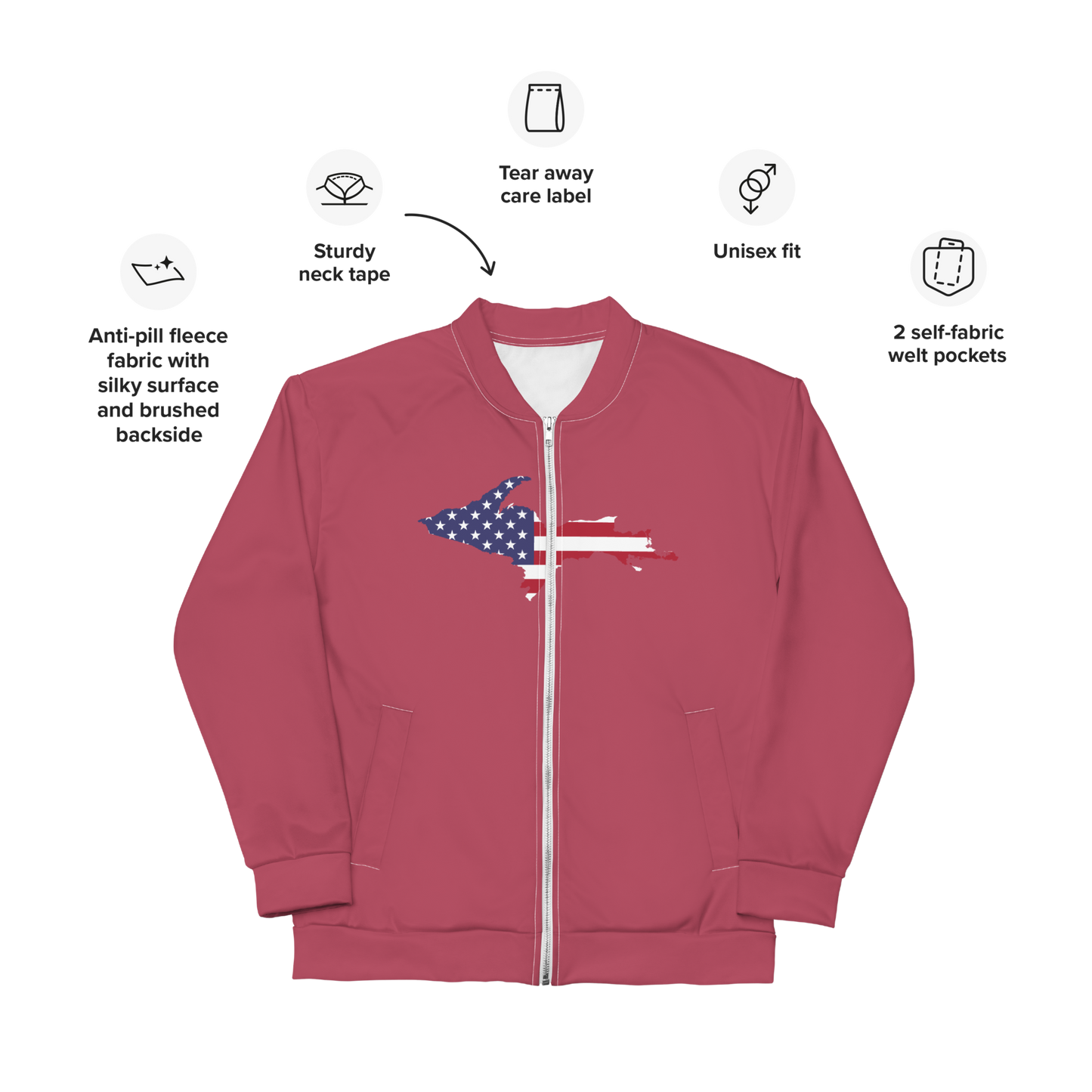 Michigan Upper Peninsula Bomber Jacket (w/ Large UP USA Flag Outline) | Popstar Pink