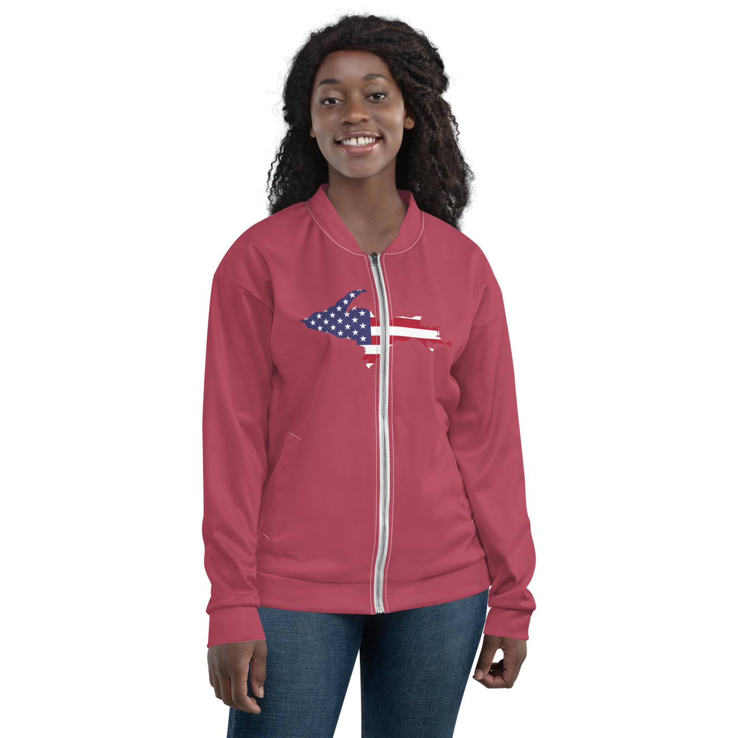 Michigan Upper Peninsula Bomber Jacket (w/ Large UP USA Flag Outline) | Popstar Pink