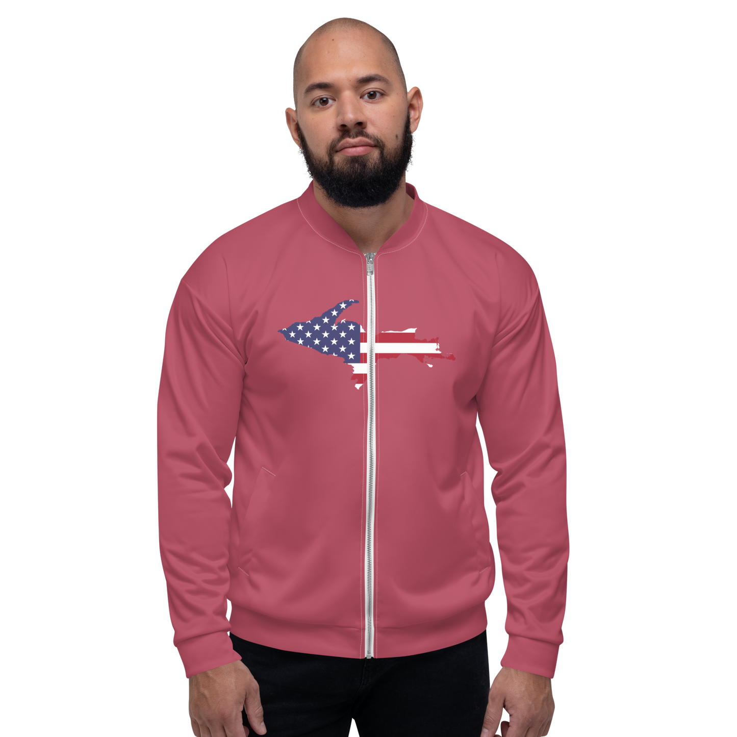 Michigan Upper Peninsula Bomber Jacket (w/ Large UP USA Flag Outline) | Popstar Pink