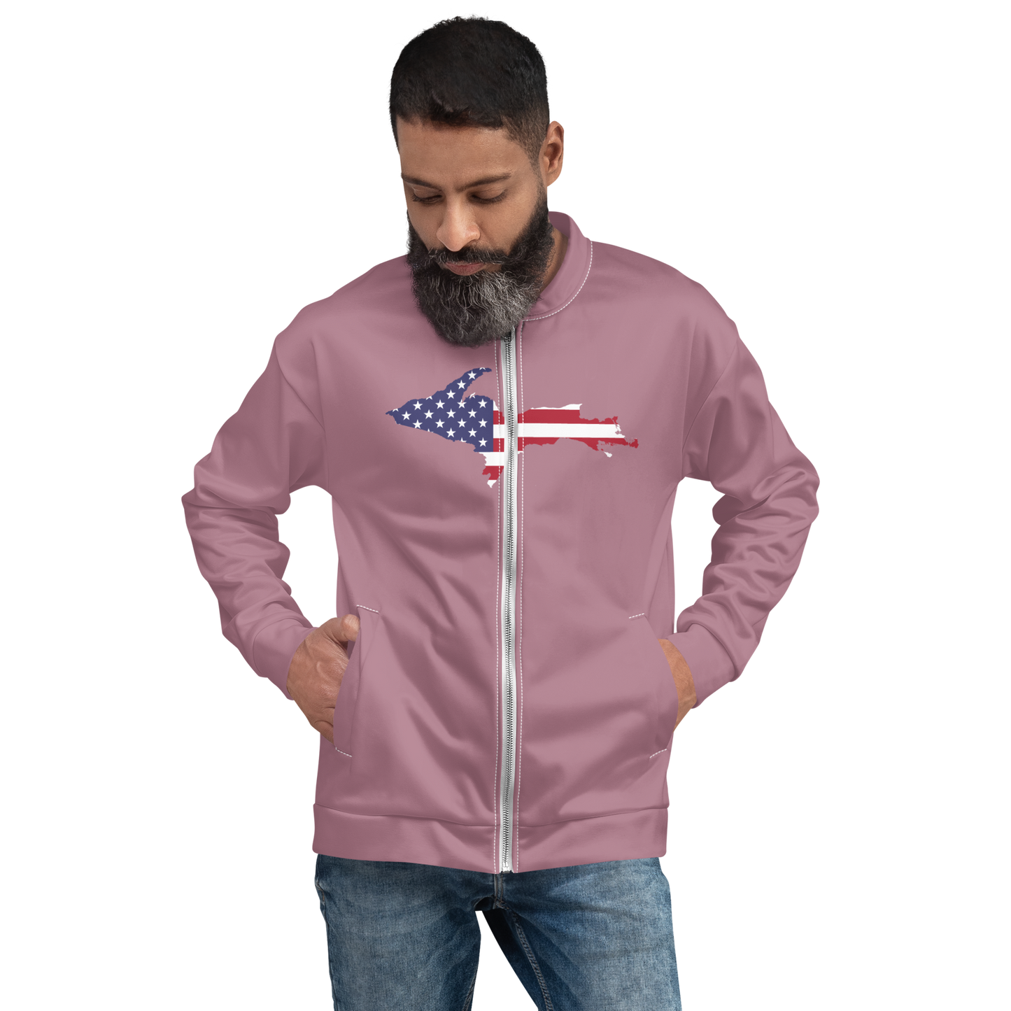 Michigan Upper Peninsula Bomber Jacket (w/ Large UP USA Flag Outline) | Cherry Blossom Pink