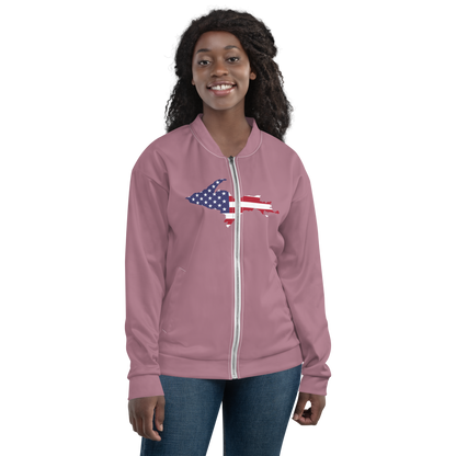 Michigan Upper Peninsula Bomber Jacket (w/ Large UP USA Flag Outline) | Cherry Blossom Pink