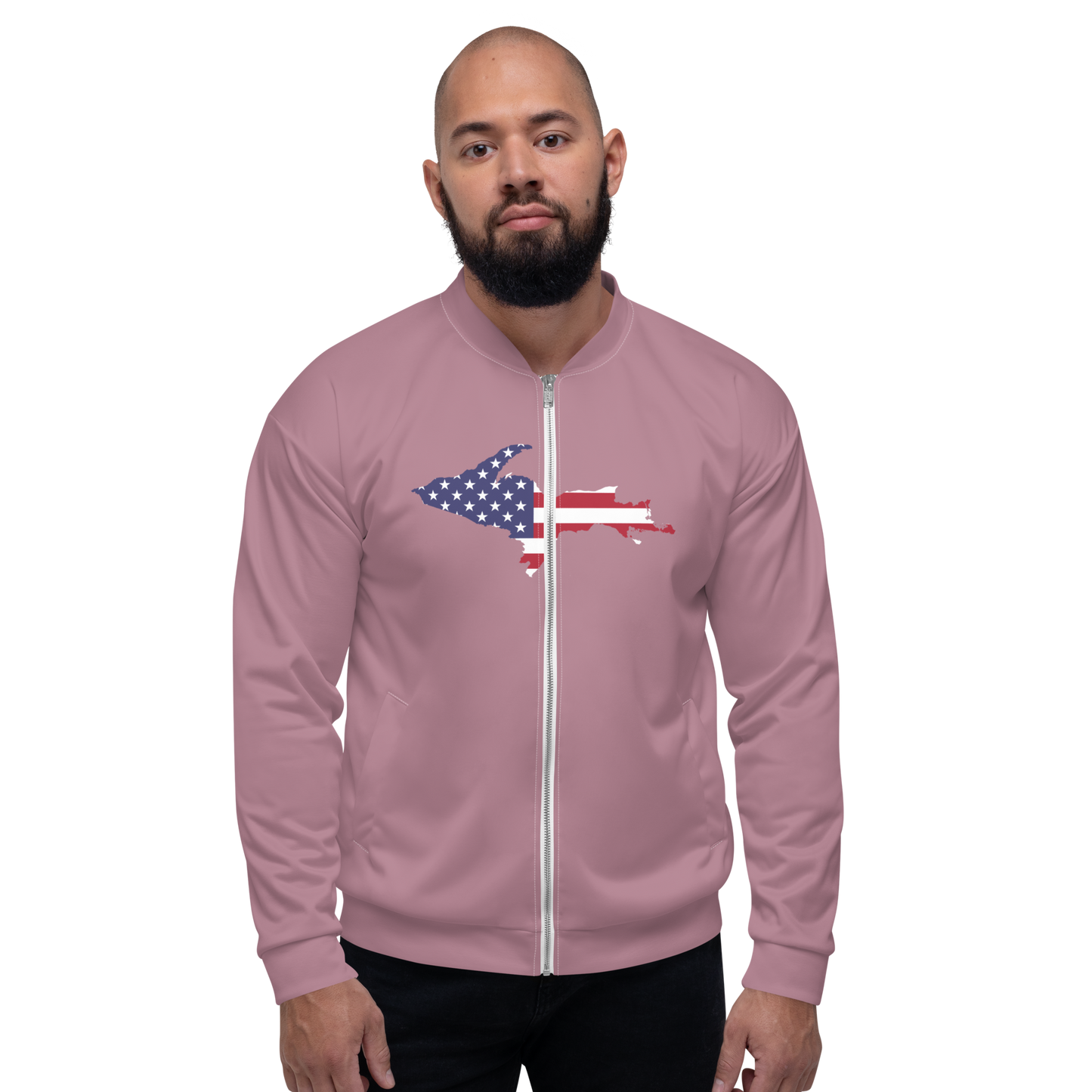 Michigan Upper Peninsula Bomber Jacket (w/ Large UP USA Flag Outline) | Cherry Blossom Pink