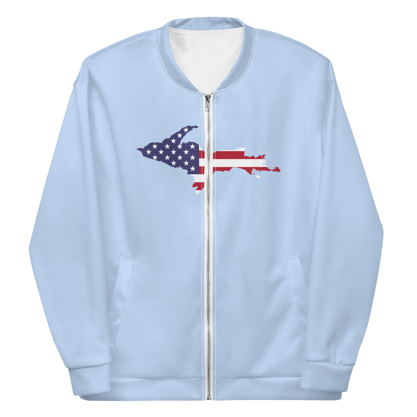 Michigan Upper Peninsula Bomber Jacket (w/ Large UP USA Flag Outline) | Light Blue