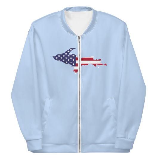 Michigan Upper Peninsula Bomber Jacket (w/ Large UP USA Flag Outline) | Light Blue