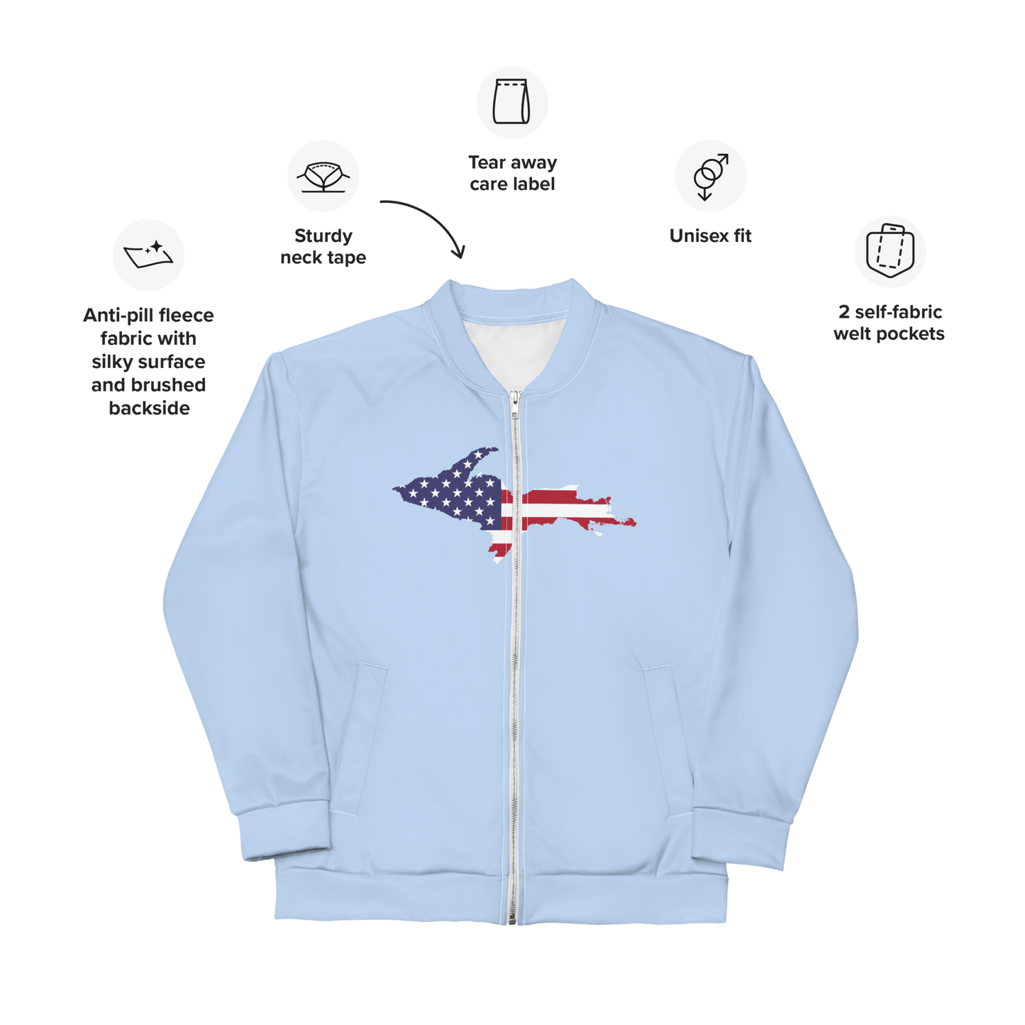 Michigan Upper Peninsula Bomber Jacket (w/ Large UP USA Flag Outline) | Light Blue