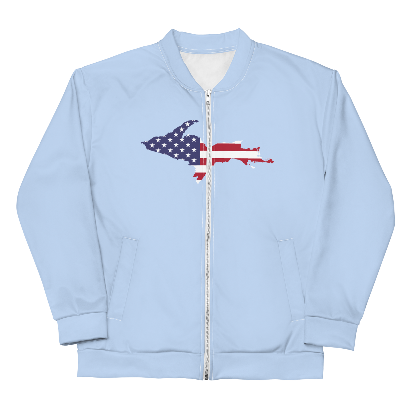 Michigan Upper Peninsula Bomber Jacket (w/ Large UP USA Flag Outline) | Light Blue