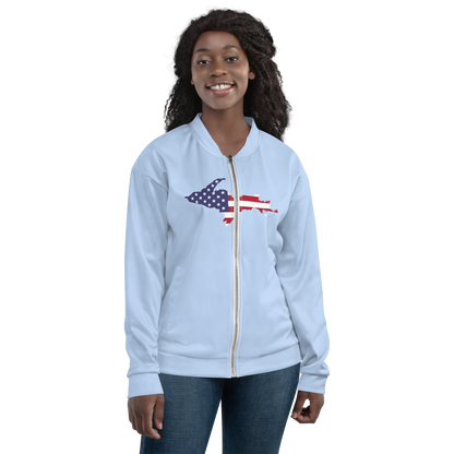 Michigan Upper Peninsula Bomber Jacket (w/ Large UP USA Flag Outline) | Light Blue