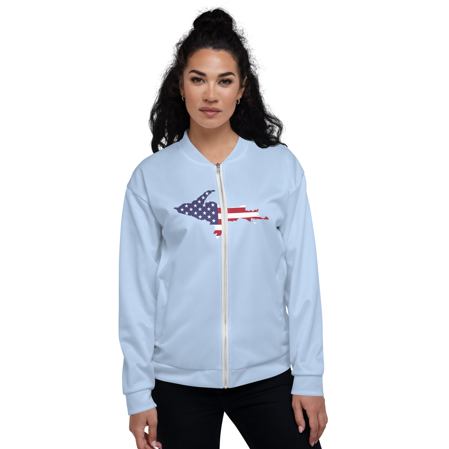 Michigan Upper Peninsula Bomber Jacket (w/ Large UP USA Flag Outline) | Light Blue