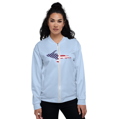 Michigan Upper Peninsula Bomber Jacket (w/ Large UP USA Flag Outline) | Light Blue