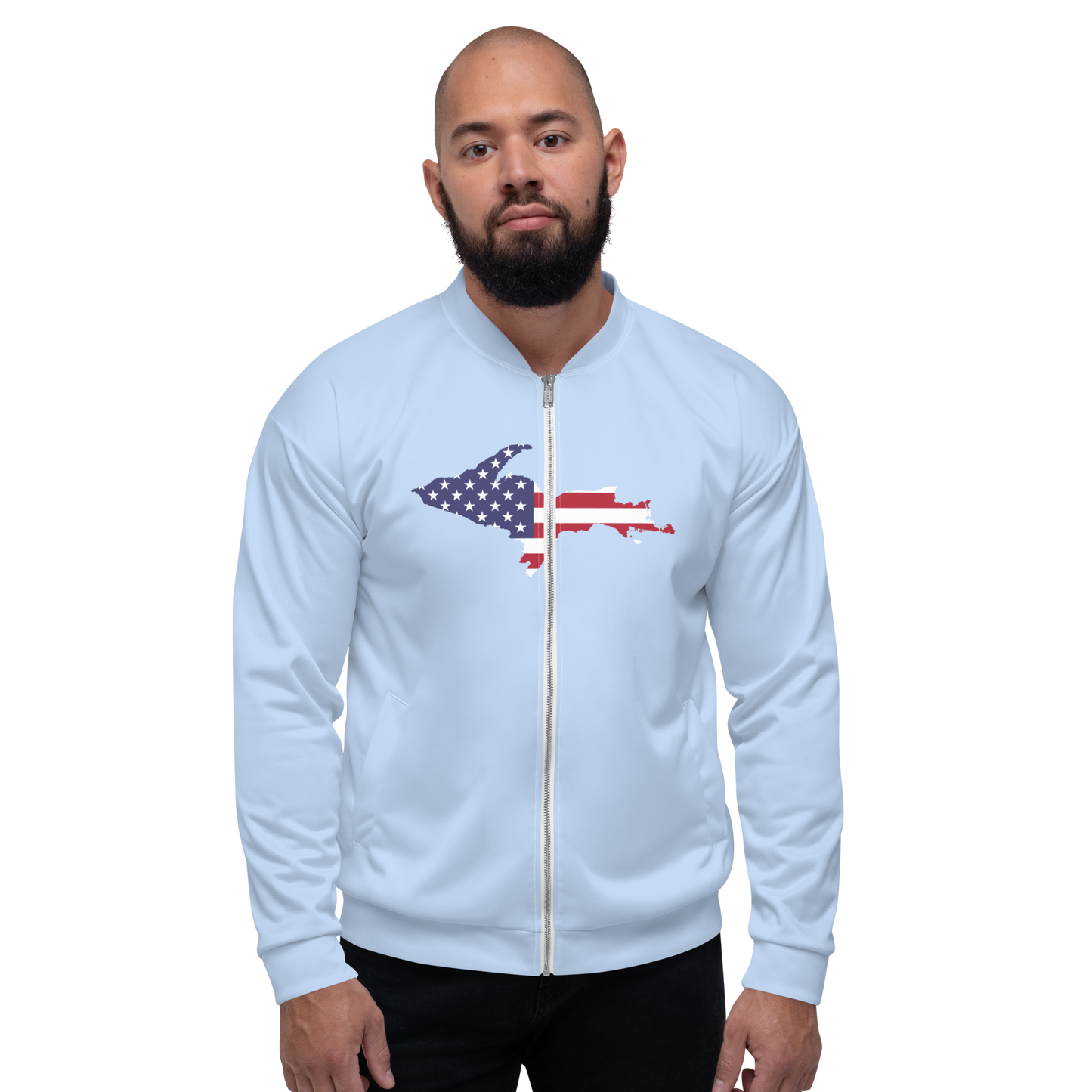 Michigan Upper Peninsula Bomber Jacket (w/ Large UP USA Flag Outline) | Light Blue