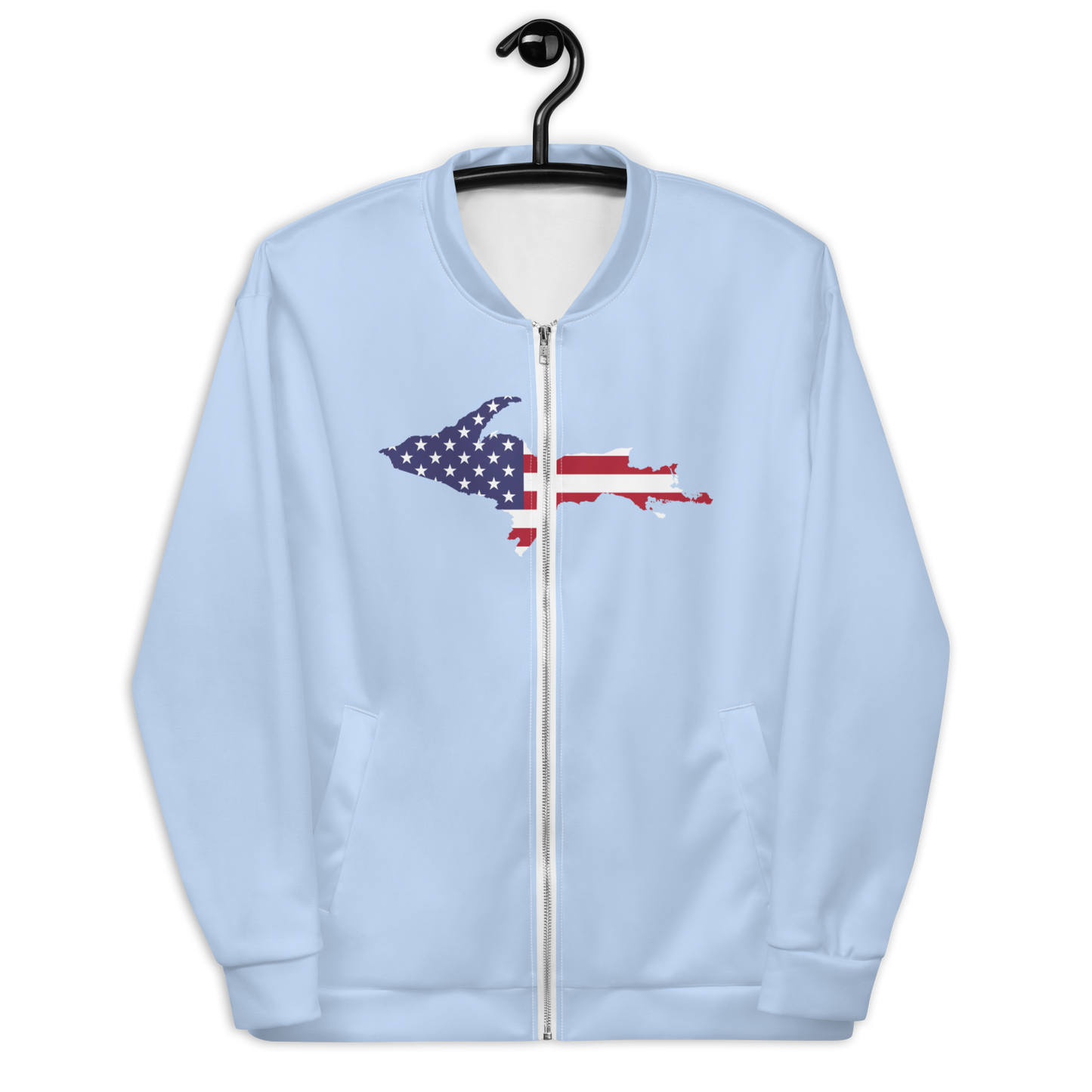 Michigan Upper Peninsula Bomber Jacket (w/ Large UP USA Flag Outline) | Light Blue