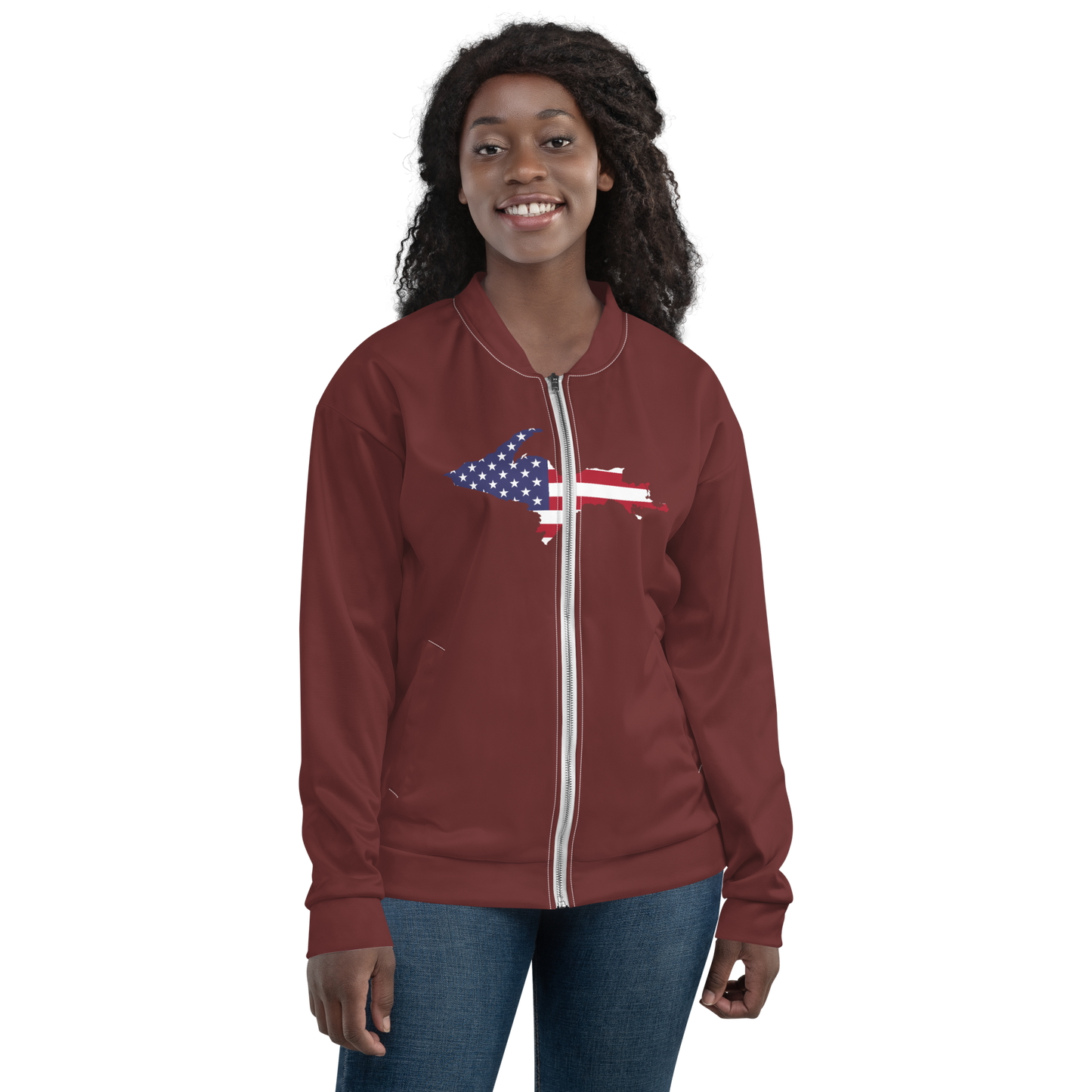 Michigan Upper Peninsula Bomber Jacket (w/ Large UP USA Flag Outline) | Auburn Color