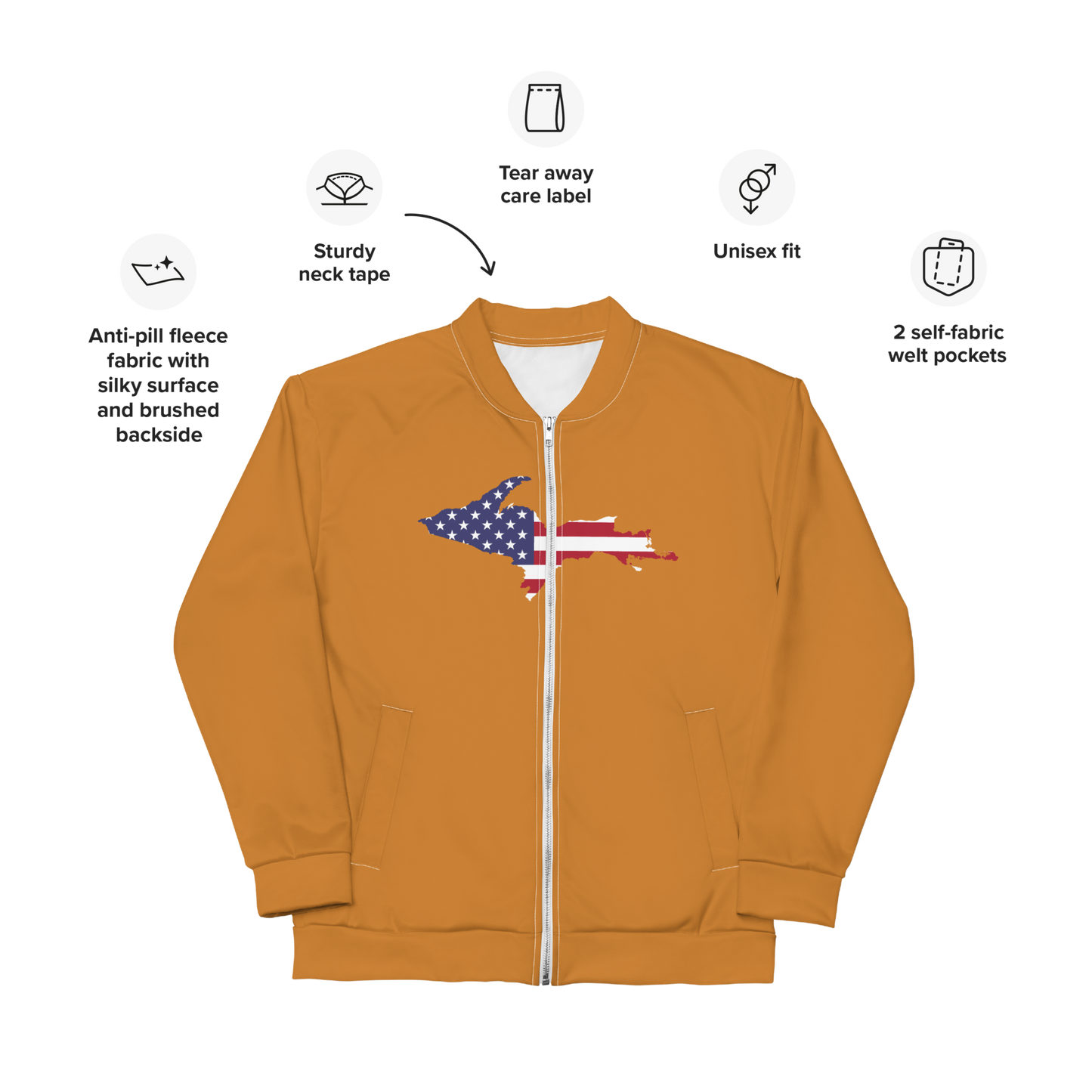 Michigan Upper Peninsula Bomber Jacket (w/ Large UP USA Flag Outline) | Bronze