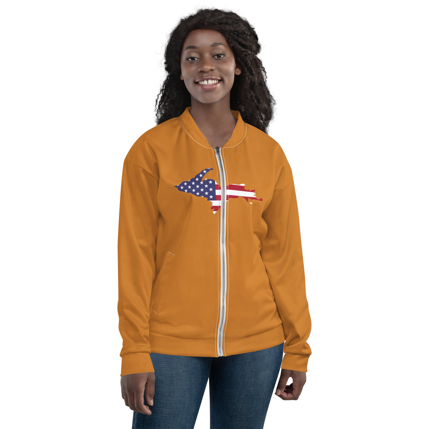 Michigan Upper Peninsula Bomber Jacket (w/ Large UP USA Flag Outline) | Bronze