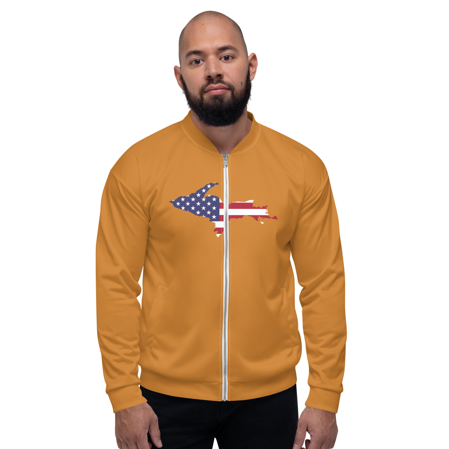 Michigan Upper Peninsula Bomber Jacket (w/ Large UP USA Flag Outline) | Bronze