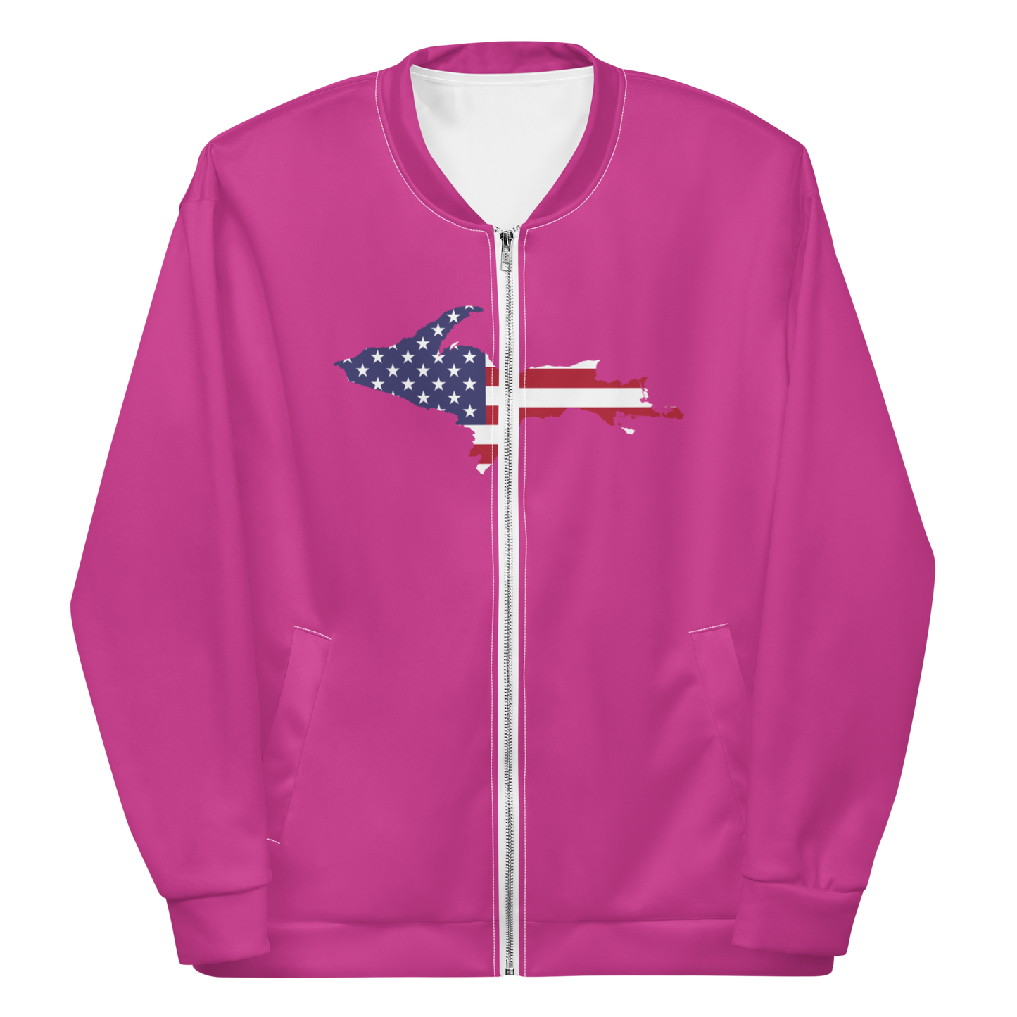 Michigan Upper Peninsula Bomber Jacket (w/ Large UP USA Flag Outline) | Apple Blossom Pink