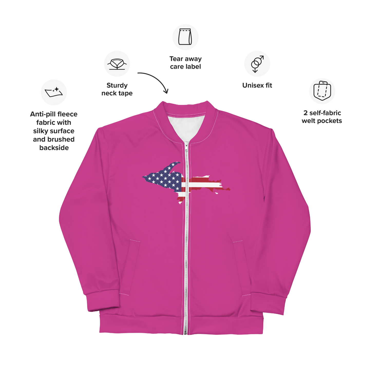 Michigan Upper Peninsula Bomber Jacket (w/ Large UP USA Flag Outline) | Apple Blossom Pink