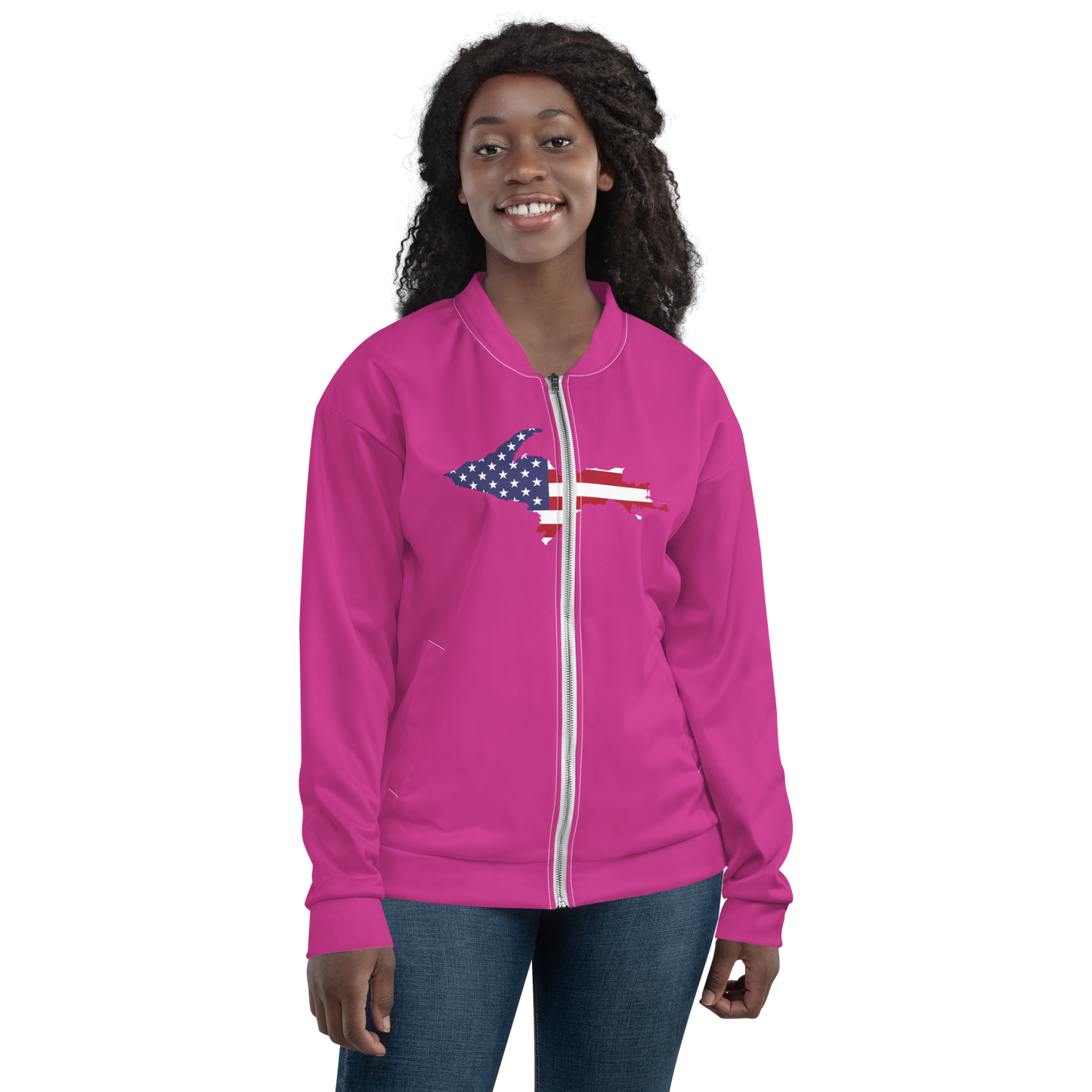 Michigan Upper Peninsula Bomber Jacket (w/ Large UP USA Flag Outline) | Apple Blossom Pink