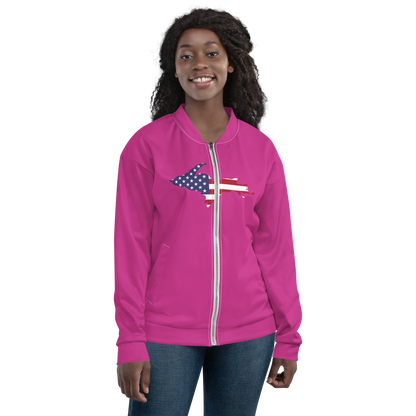 Michigan Upper Peninsula Bomber Jacket (w/ Large UP USA Flag Outline) | Apple Blossom Pink