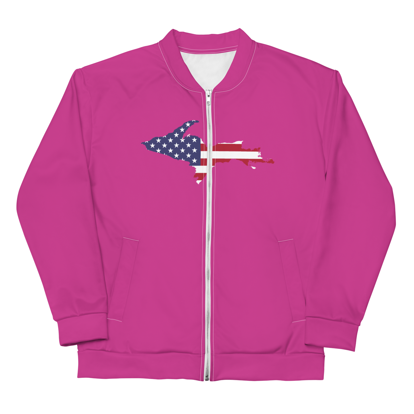 Michigan Upper Peninsula Bomber Jacket (w/ Large UP USA Flag Outline) | Apple Blossom Pink